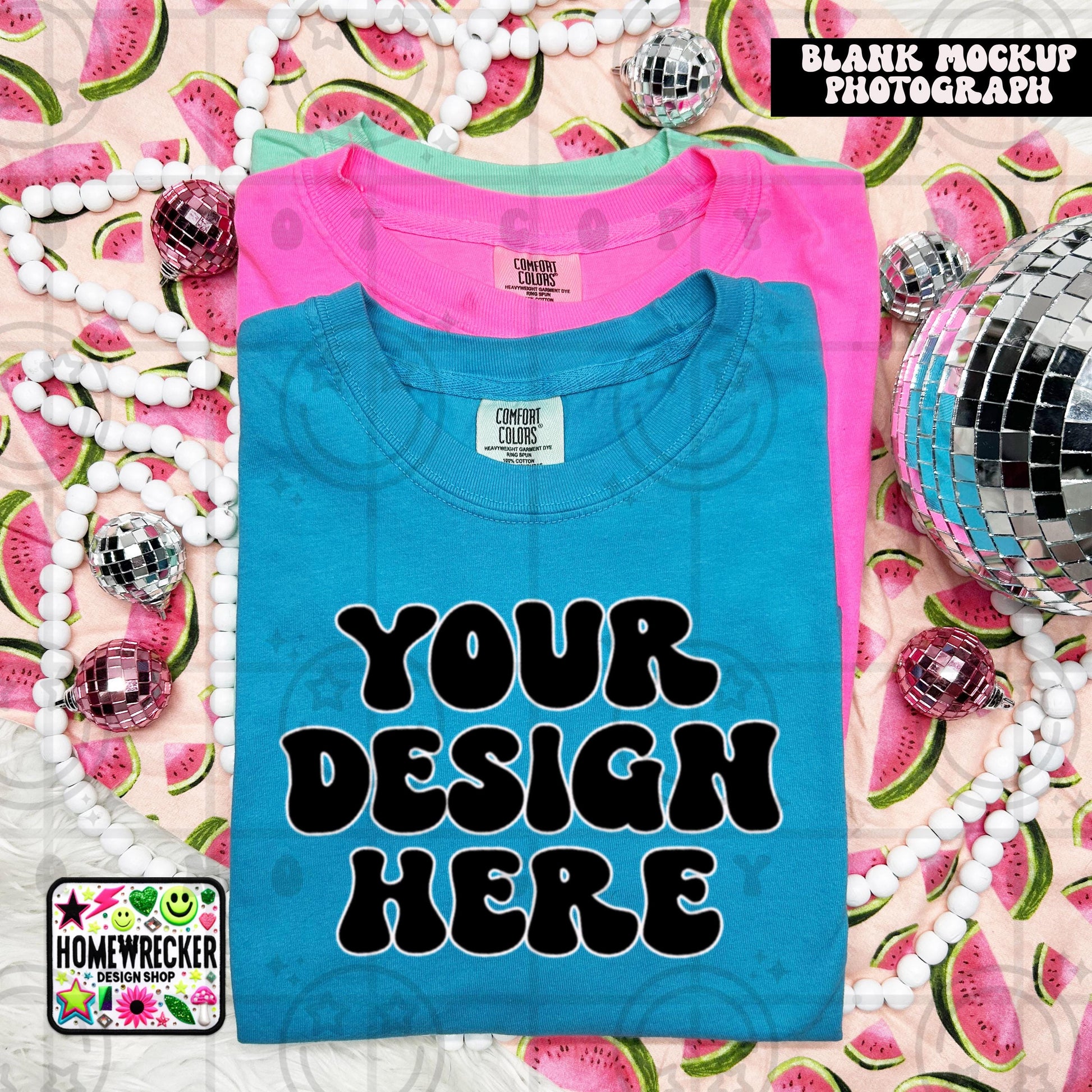 Comfort Colors blank Tshirt Mock Up Photo Sapphire, CC1717 Tshirt Styled Flat Lay, Product, disco balls, Summer, Watermelon Digital Download