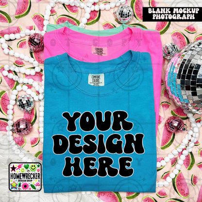 Comfort Colors blank Tshirt Mock Up Photo Sapphire, CC1717 Tshirt Styled Flat Lay, Product, disco balls, Summer, Watermelon Digital Download