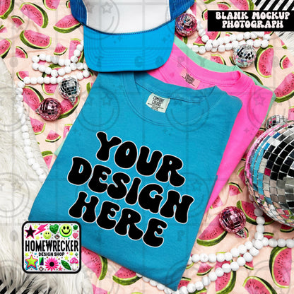 Comfort Colors blank Tshirt Mock Up Photo, sapphire, CC1717 Tshirt Styled Flat Lay Product disco balls, Summer, Watermelon Digital Download