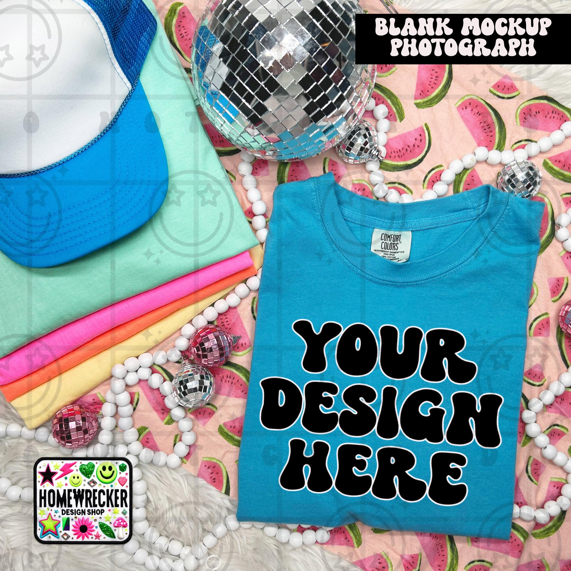 Comfort Colors blank Shirt Mock Up Photo, Sapphire CC1717 Tshirt Styled Flat Lay Product, disco balls, Summer Watermelon Digital Download