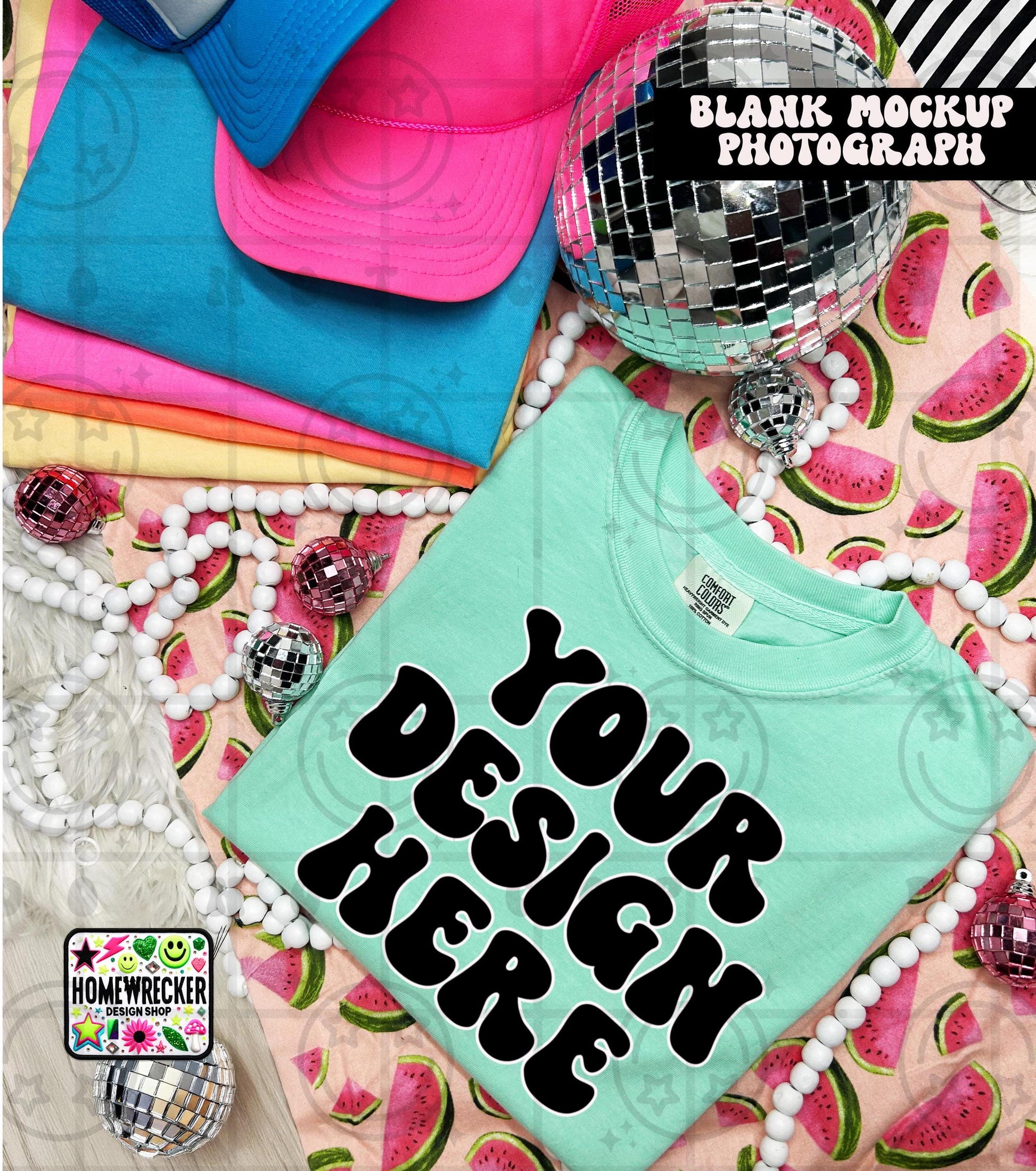 Comfort Colors blank Shirt Mock Up Photo Island Reef Trucker Hat CC1717 Styled Flat Lay Product disco Summer Watermelon Digital Download