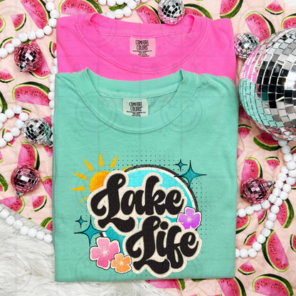 Lake life, summer beach colorful distressed retro groovy font, Png design, summer, blue water, sunshine, flowers, digital design