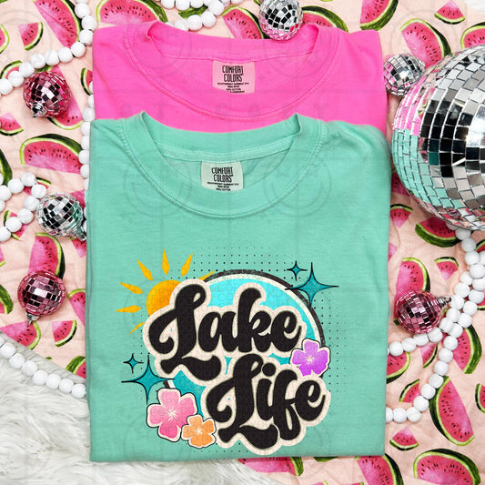 Lake life, summer beach colorful distressed retro groovy font, Png design, summer, blue water, sunshine, flowers, digital design