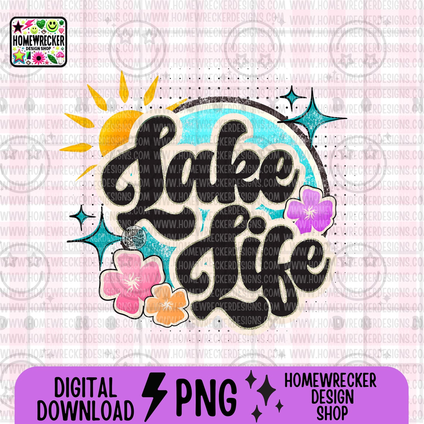 Lake life, summer beach colorful distressed retro groovy font, Png design, summer, blue water, sunshine, flowers, digital design