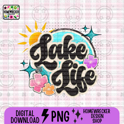 Lake life, summer beach colorful distressed retro groovy font, Png design, summer, blue water, sunshine, flowers, digital design