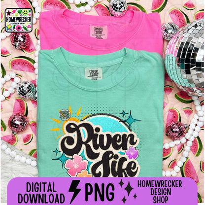River life, summer beach colorful distressed retro groovy font, Png design, summer, blue water, sunshine, flowers, digital design