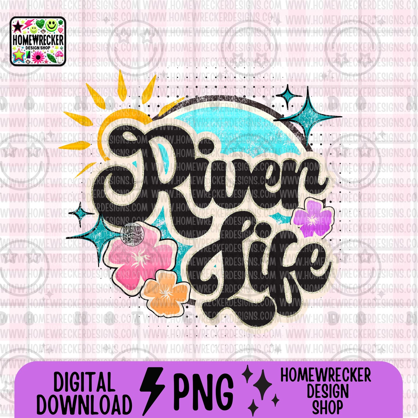 River life, summer beach colorful distressed retro groovy font, Png design, summer, blue water, sunshine, flowers, digital design