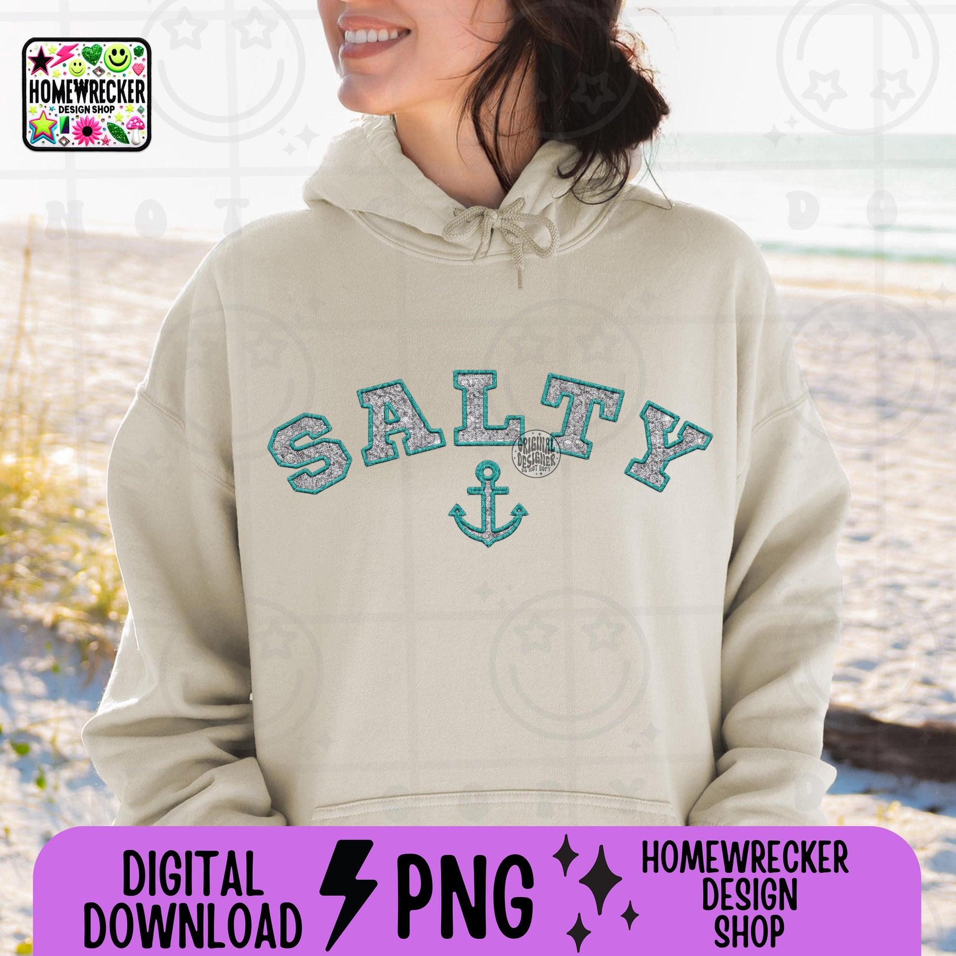 Salty FAUX EMBROIDERY png, Summer hat design tshirt, summer anchor beach ocean lake summertime varsity, preppy,trendy, PNG digital download