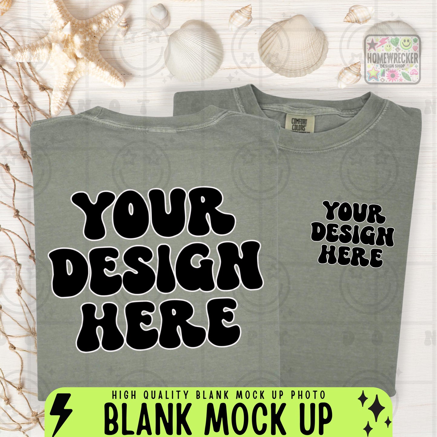 Comfort Colors Mockup, CC1717, flat lay mock up photograph, front and back, beach themed, summer, seashells, beachy, product photo, Bay