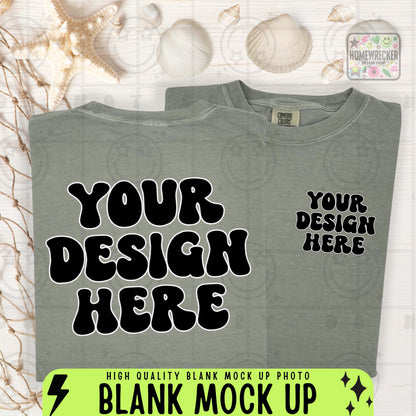 Comfort Colors Mockup, CC1717, flat lay mock up photograph, front and back, beach themed, summer, seashells, beachy, product photo, Bay