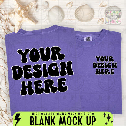 Comfort Colors Mockup, CC1717, flat lay mock up photograph, front and back, beach themed, summer, seashells, beachy, product photo, Violet