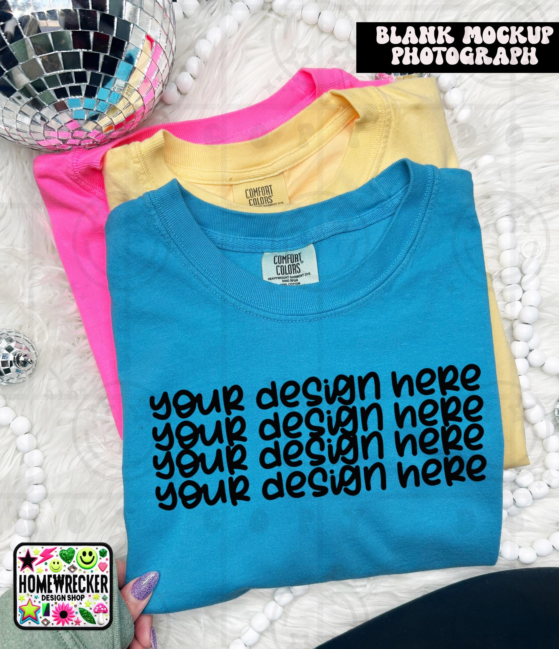 Comfort Colors blank Tshirt Mock Up Photo, Sapphire, CC1717 Tshirt, Styled Flat Lay, Product, disco balls, point of view, Digital Download