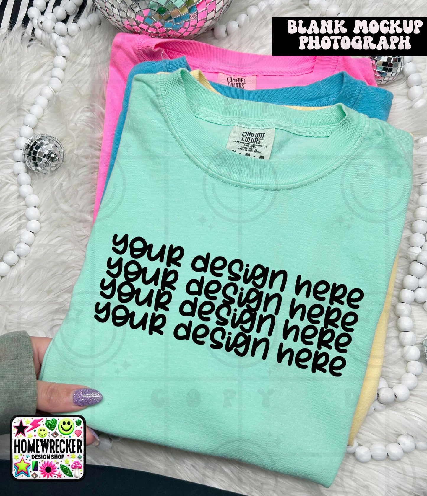Comfort Colors blank Tshirt Mock Up Photo, Island Reef, CC1717 Tshirt, Styled Flat Lay, Product, disco balls, point of view Digital Download