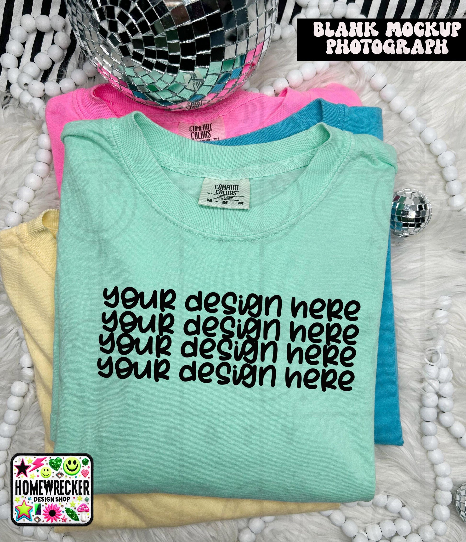 Comfort Colors blank Tshirt Mock Up Photo, Island Reef, CC1717 Tshirt, Styled Flat Lay, Product, disco balls, Digital Download
