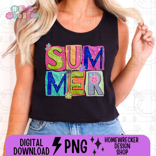 Summer PNG Colorful Summer PNG retro Neon pink, green, purple, teal, ripped paper letter style, collage, daisy summer tshirt tank PNG