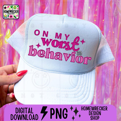 On my worst behavior, Faux Embroidery, Summer hat lake boat party, Snarky PNG, Popular, Png designs, funny, trendy, digital download only