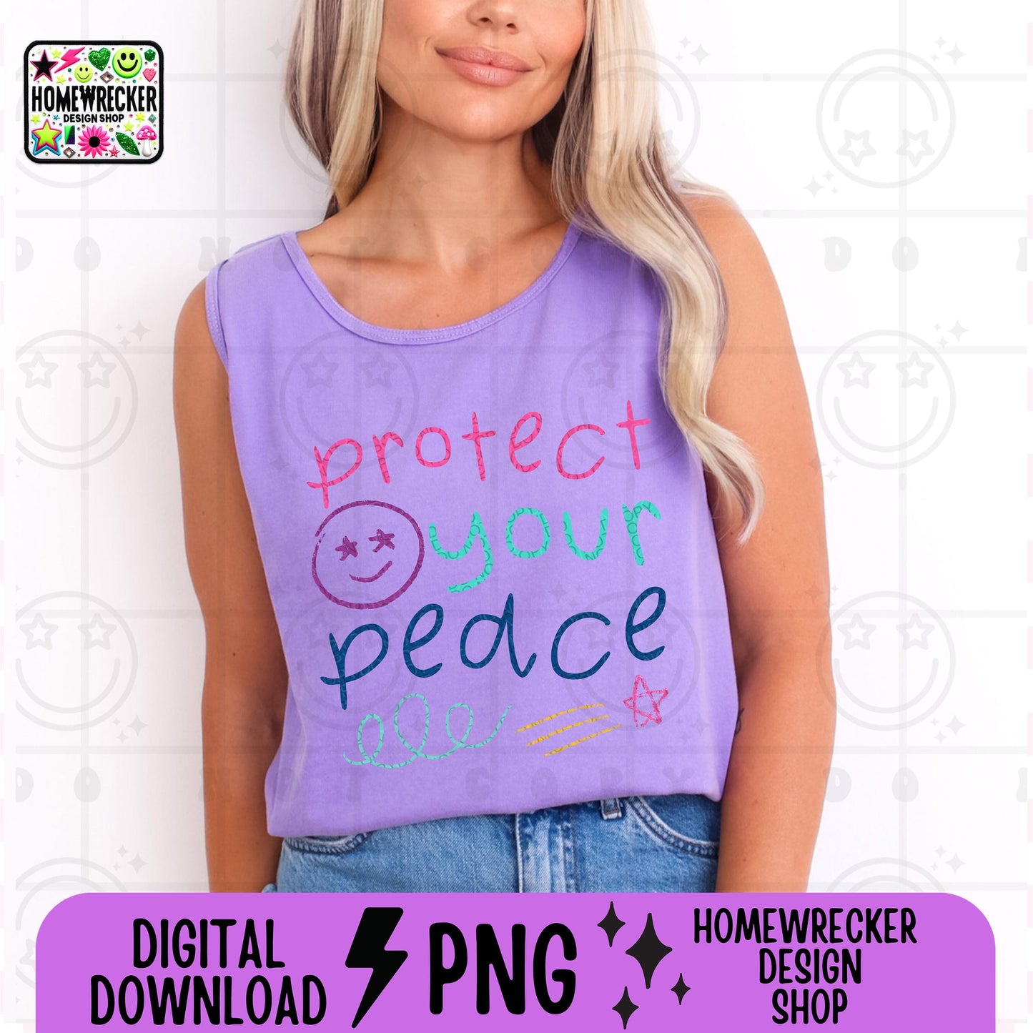 Protect your peace Colorful Kid Art Style PNG Handwritten Doodle Scribble Crayon Design Motivational Saying bright color Digital Download