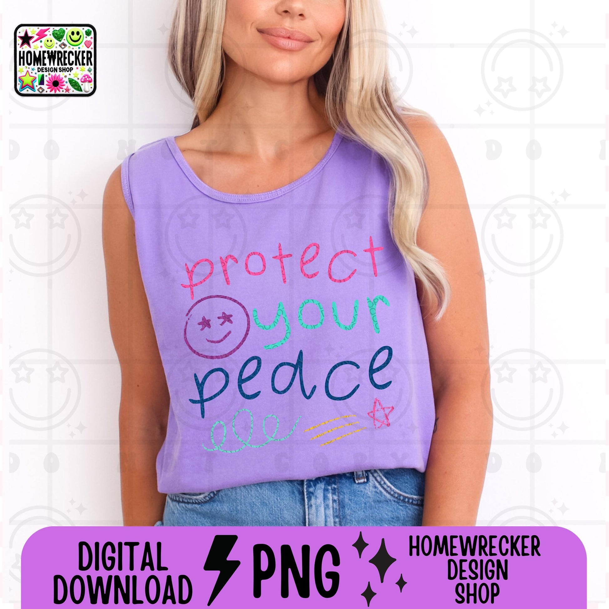 Protect your peace Colorful Kid Art Style PNG Handwritten Doodle Scribble Crayon Design Motivational Saying bright color Digital Download