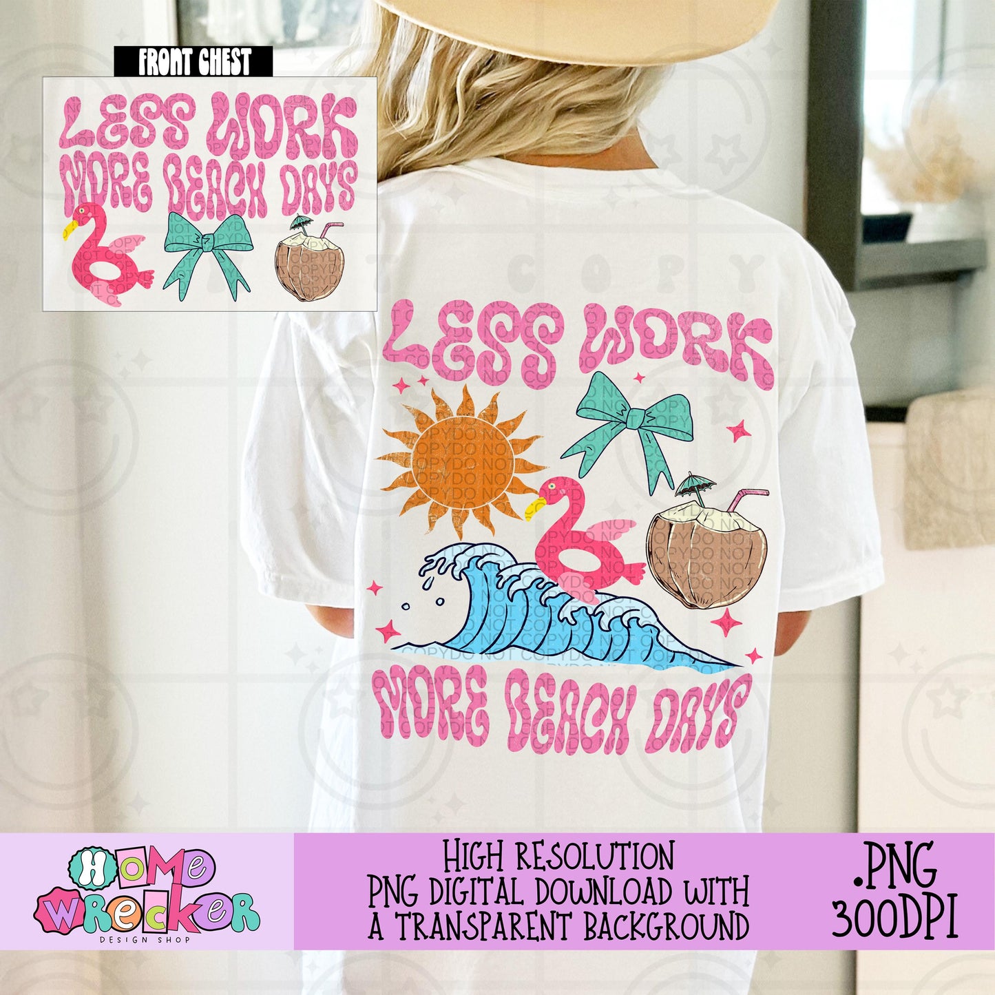 Less work More beach days PNG Groovy Summer Coconut Drink, Flamingo Float, Beach Wave, Coquette, PNG