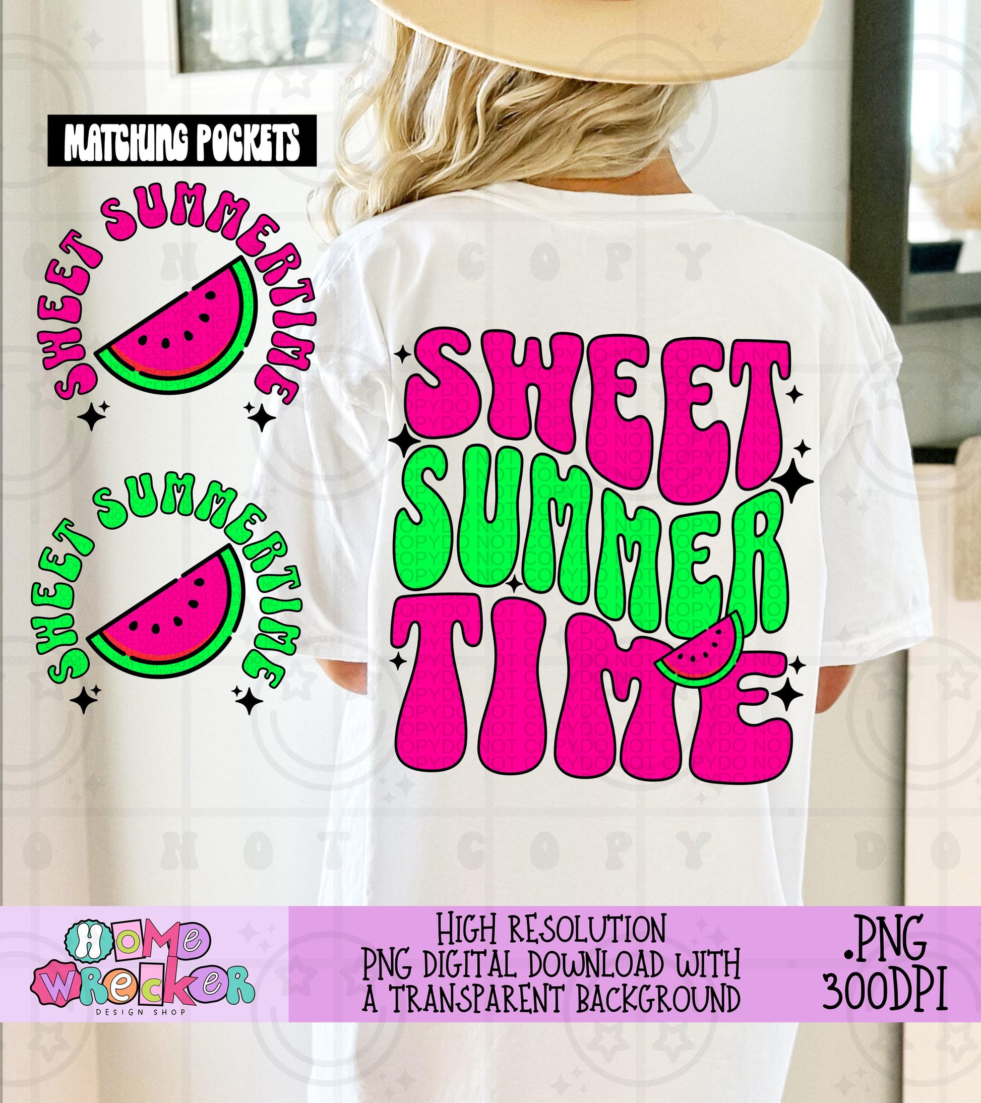 Sweet Summertime Neon Pink Neon Green Watermelon Summer Wavy Retro Groovy Digital Design with matching pocket chest designs PNG Download