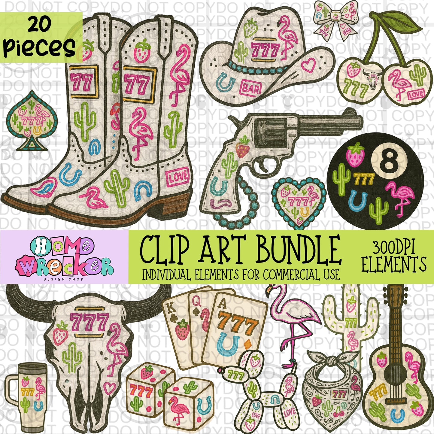 Wild West Neon Lights Western Clipart Bundle | 20 elements Transparent PNG for commercial use, make your own digital designs