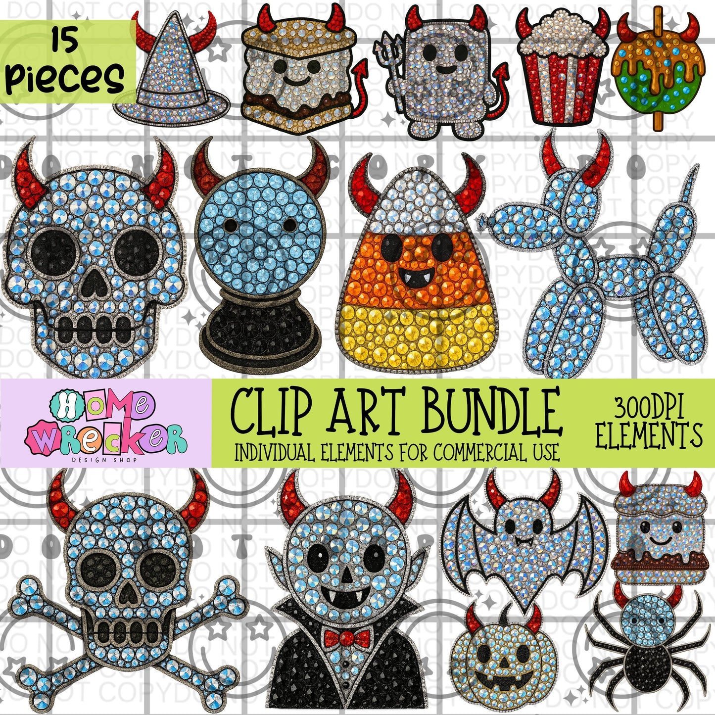 Halloween Devil Horns Faux Rhinestone Clipart Bundle | 15 elements Transparent PNG for commercial use, make your own digital designs