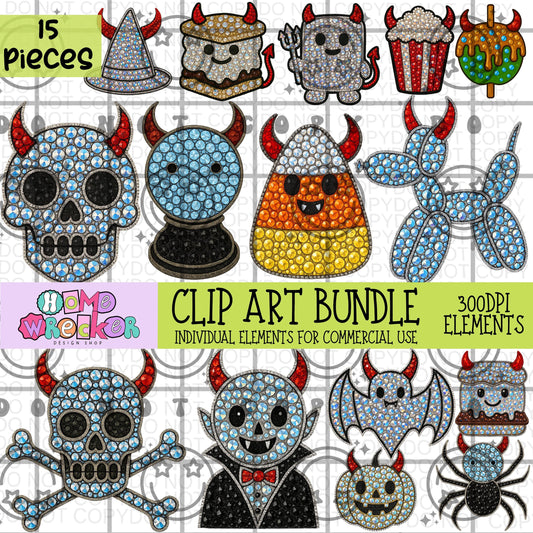 Halloween Devil Horns Faux Rhinestone Clipart Bundle | 15 elements Transparent PNG for commercial use, make your own digital designs