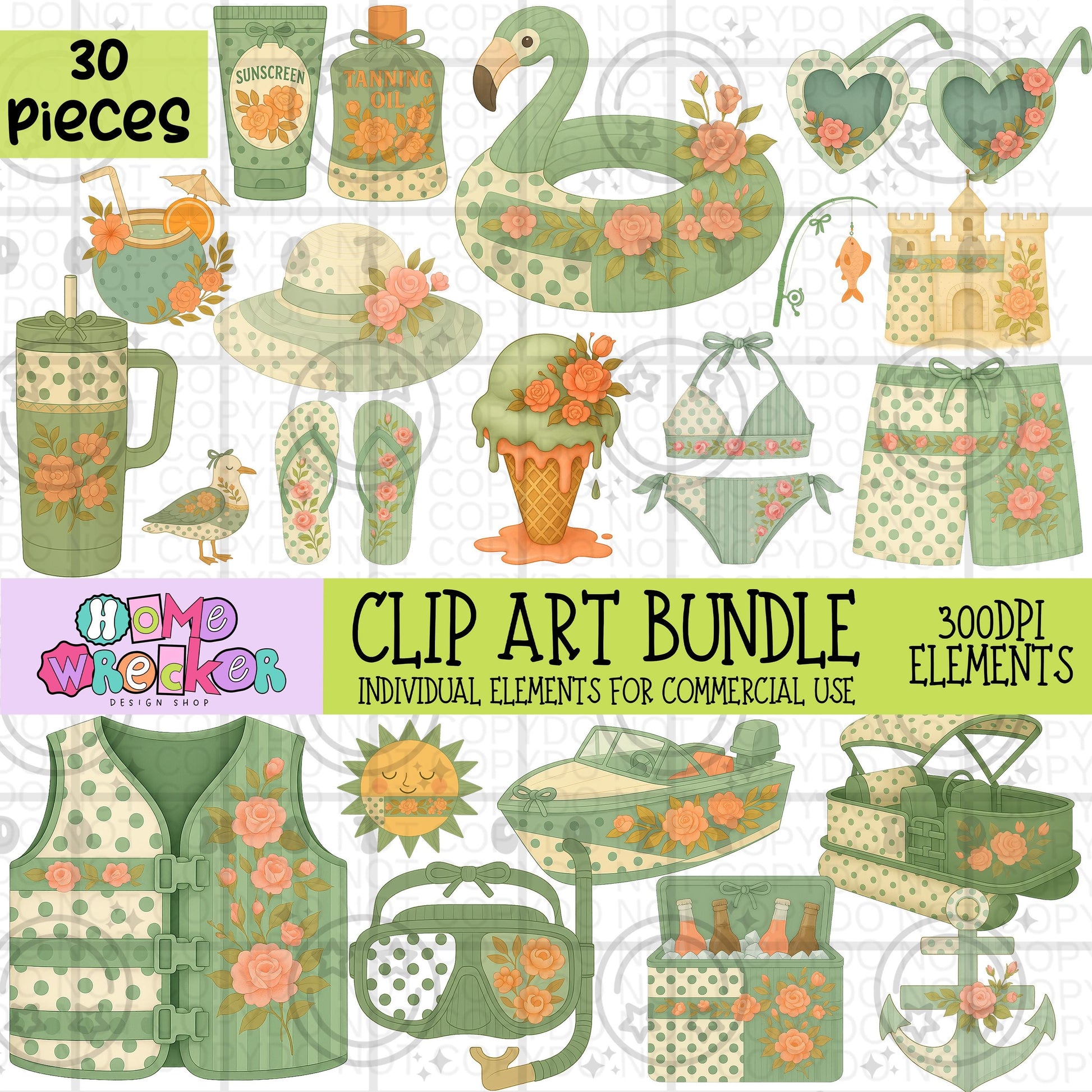 Shabby Chic Summer Clipart Bundle | 30 elements Transparent PNG for commercial use, make your own digital designs