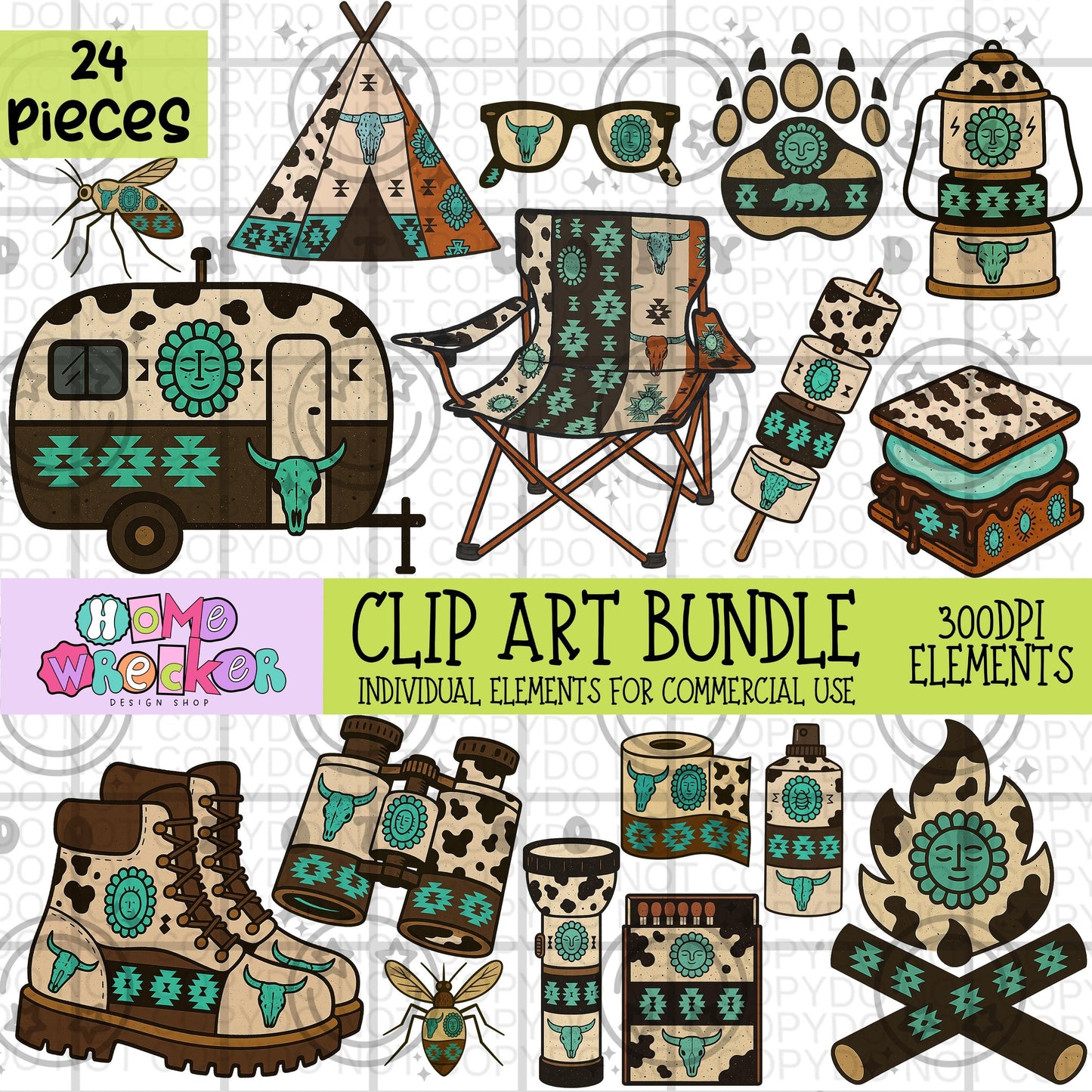 Cowhide Turquoise Camping Clipart Bundle | 24 elements Transparent PNG for commercial use, make your own digital designs