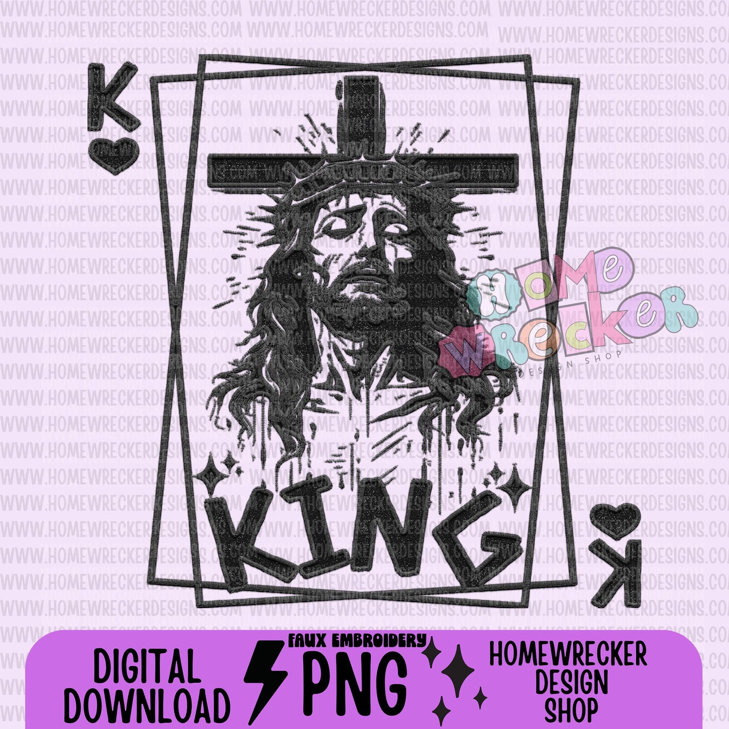 King of hearts Jesus FAUX EMBROIDERY PNG Digital Download