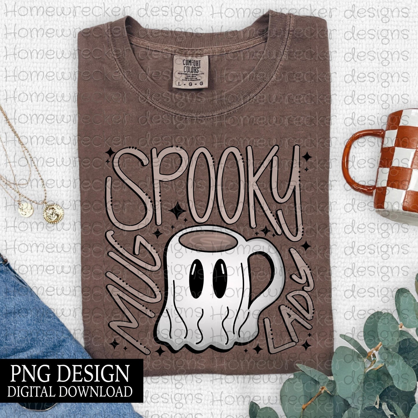 Spooky Mug Lady Handwritten PNG Design Digital Download, Fall Design, Halloween, Ghost Coffee, skull, pumpkin, Download