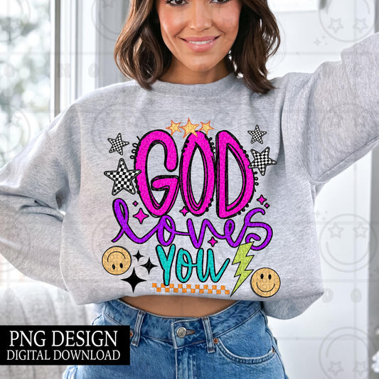 God Loves You PNG, Handwritten doodle, Retro Colorful Digital Shirt Design, Faith based shirt design, Checkered Print, PNG Digital Download