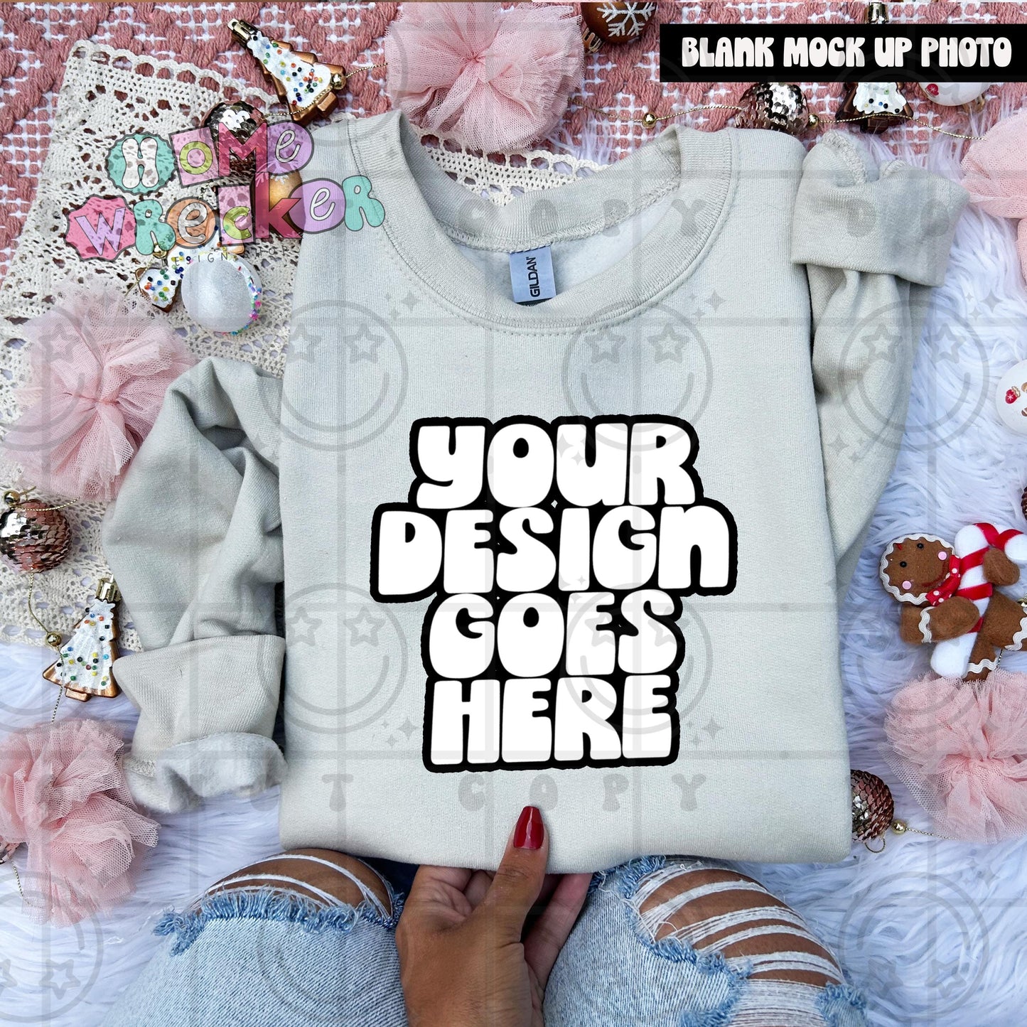 Gildan Sweathirt Crewneck Mockup, G18000, flat lay, Christmas, Gingerbread Cookie, Pink Download | Sand