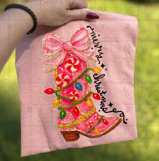 Merry Christmas pink Cowboy Boot Brushstrokes PNG Christmas Design