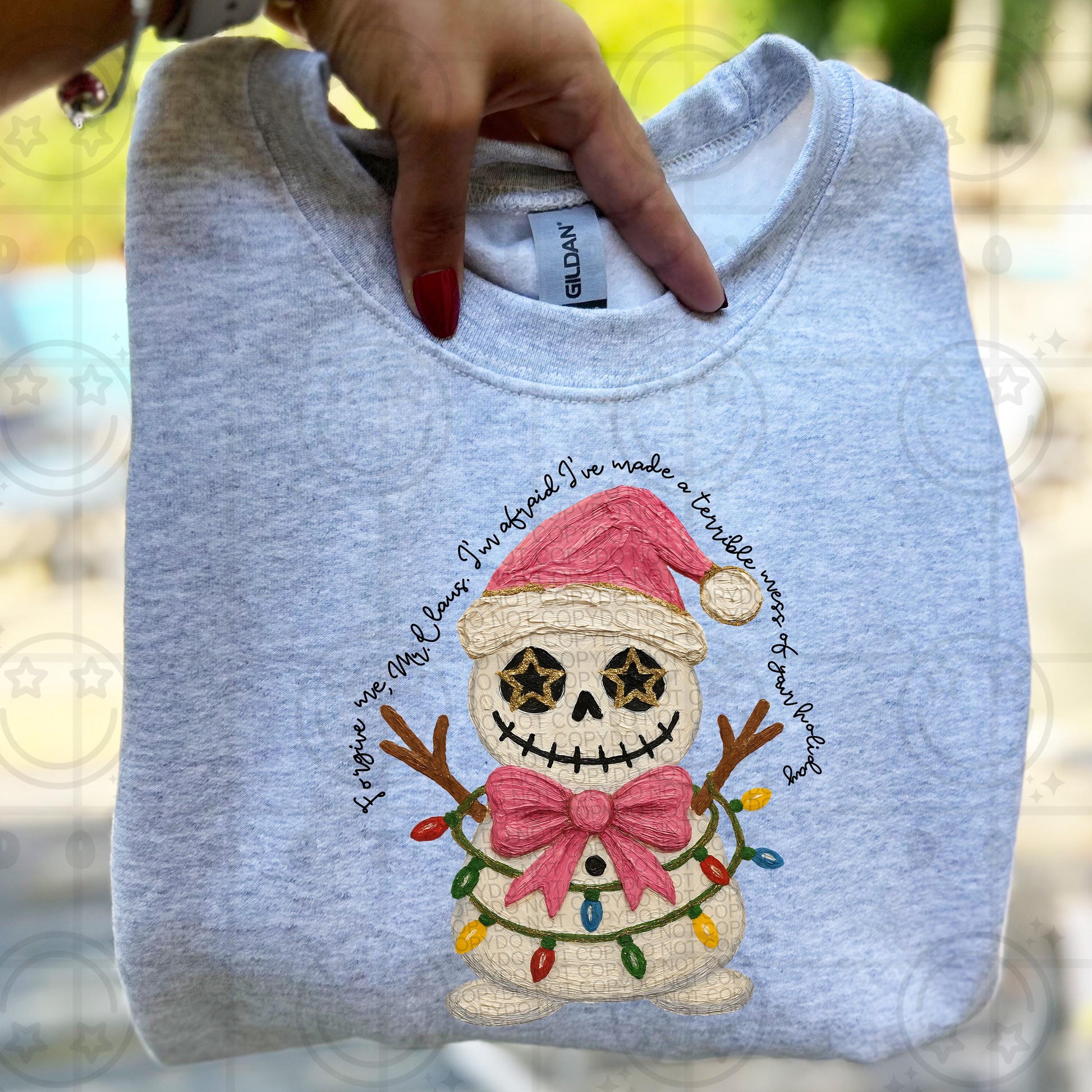 Creepy Cute Snowman PNG | Christmas Skeleton Snowman with Santa Hat | Holiday Sublimation Design with Lights & Bow PNG