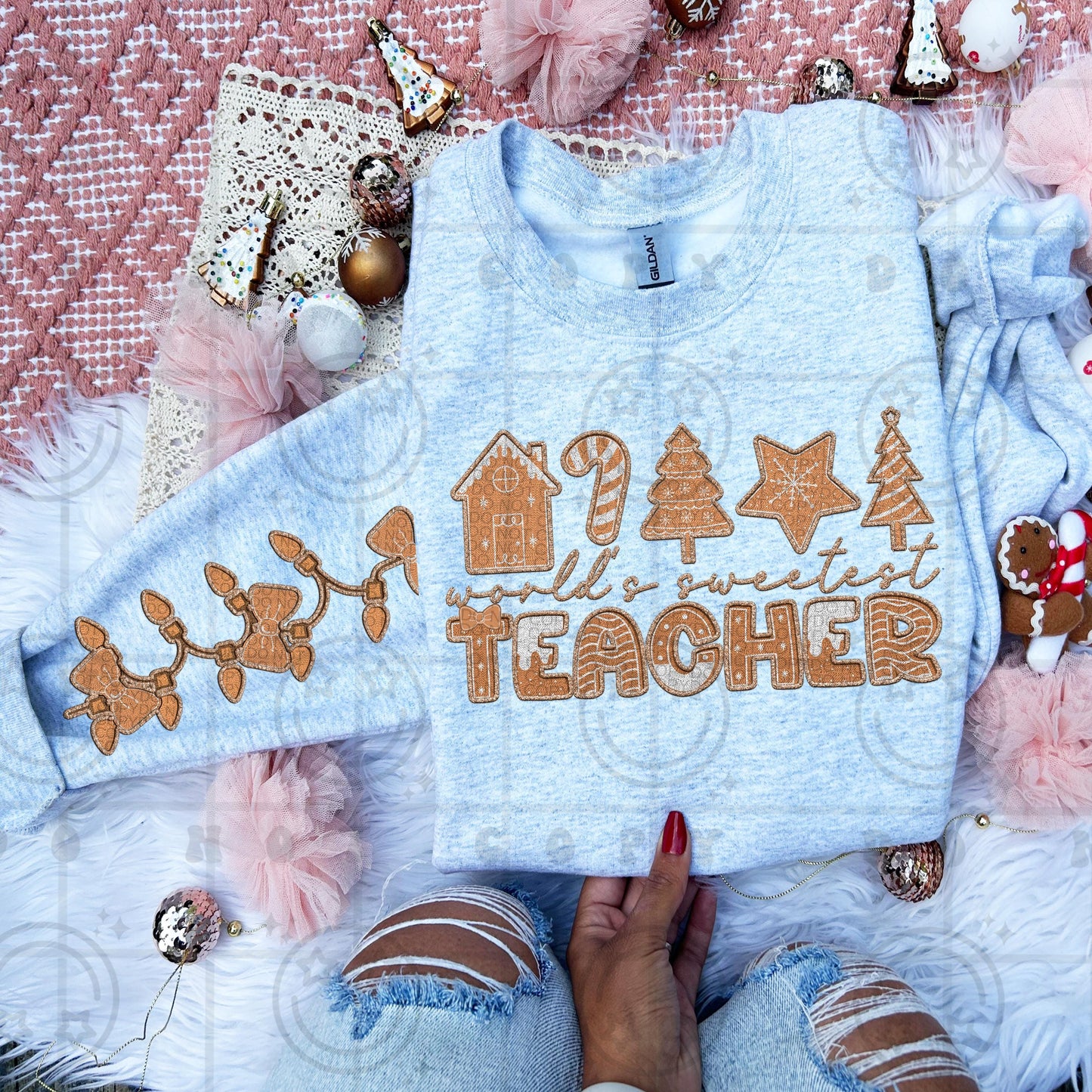 Teacher | Gingerbread cookie themed Worlds sweetest Teacher faux embroidery PNG with matching sleeve Christmas bows digital download