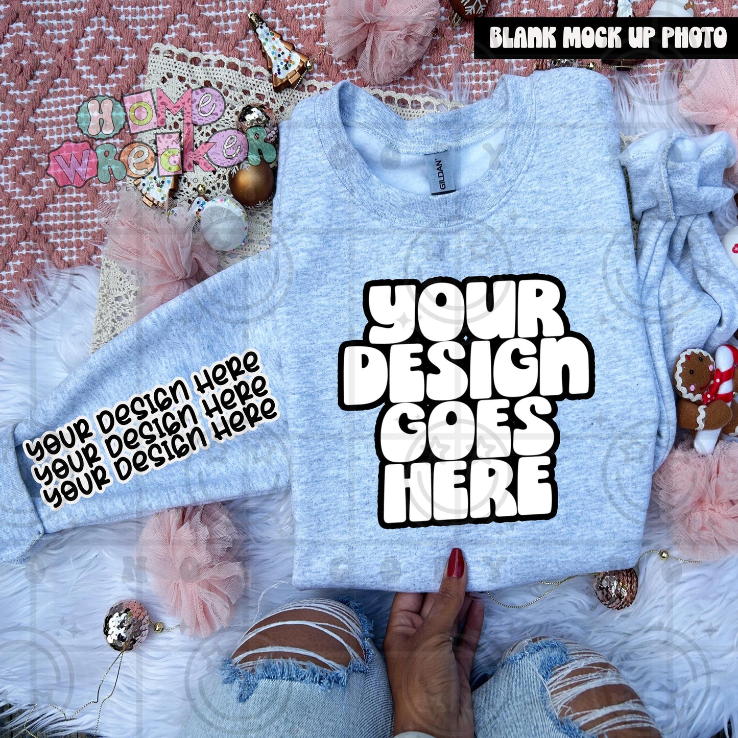 Gildan Sweathirt Crewneck Mockup Sleeve, G18000, flat lay, Christmas, Gingerbread Cookie, Pink Download | Ash