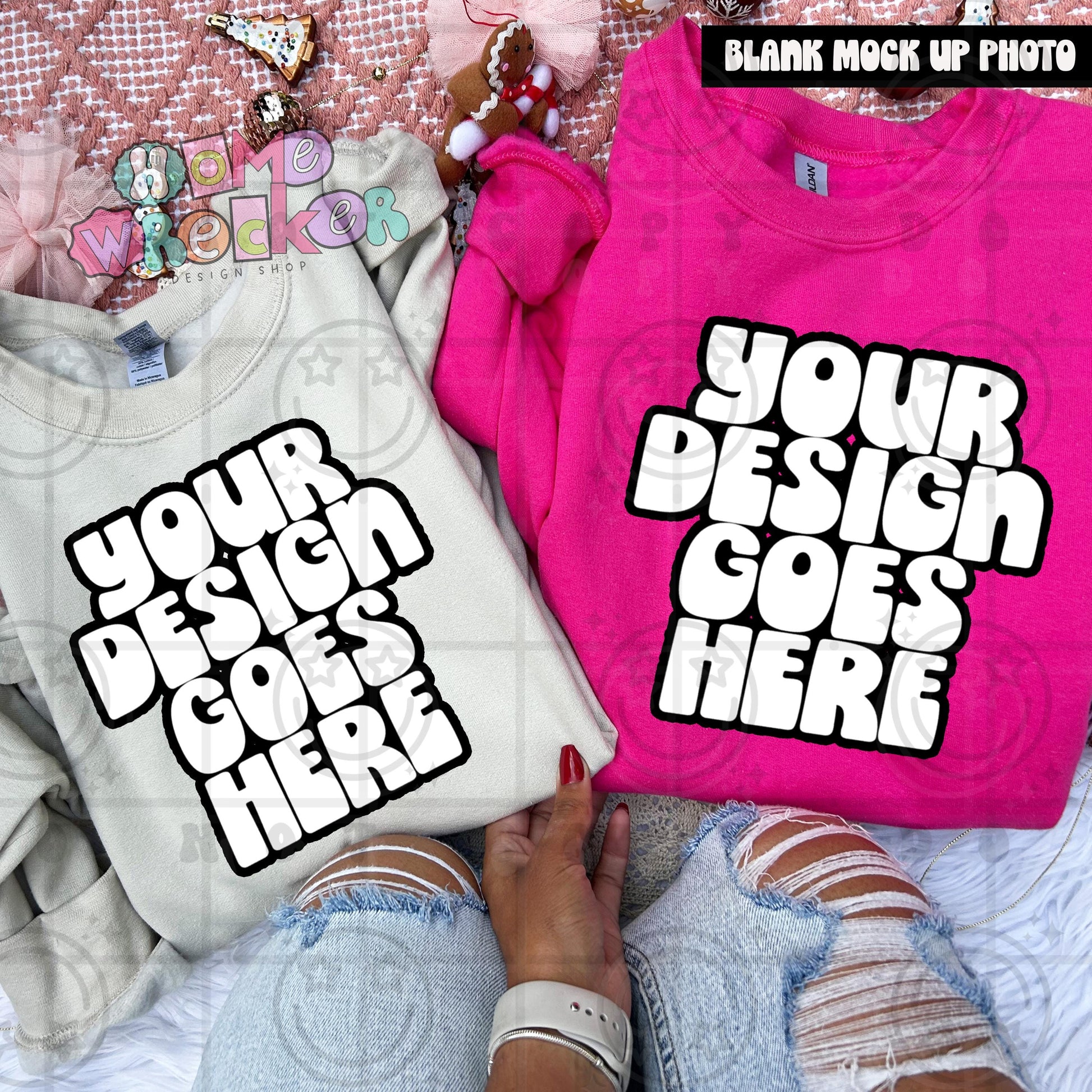 Gildan Sweathirt Crewneck Mockup, G18000, flat lay, Christmas, Gingerbread Cookie, Pink Download | Sand and Heliconia