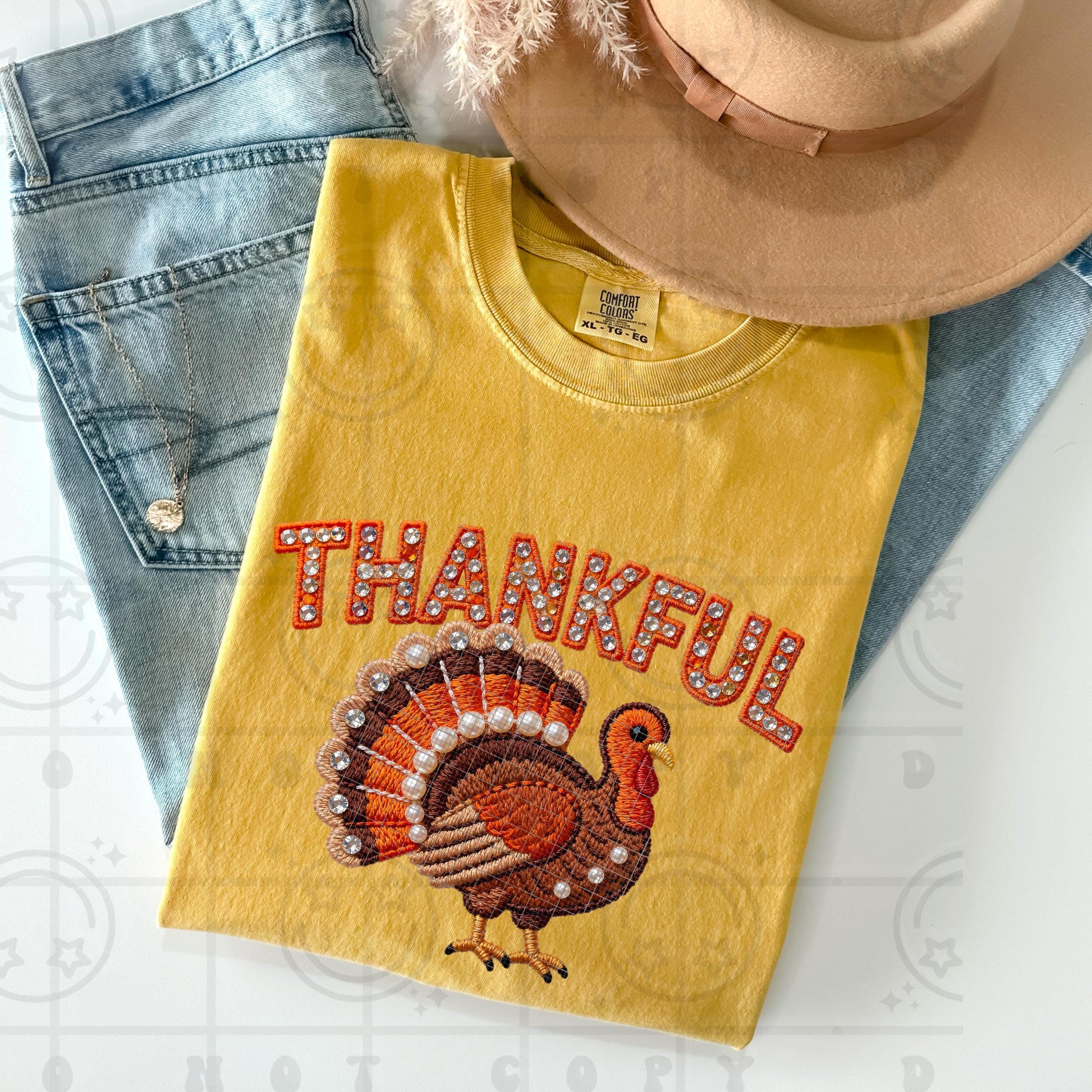 Thanksgiving Turkey Faux Embroidery Thankful Faux Rhinestones PNG digital download