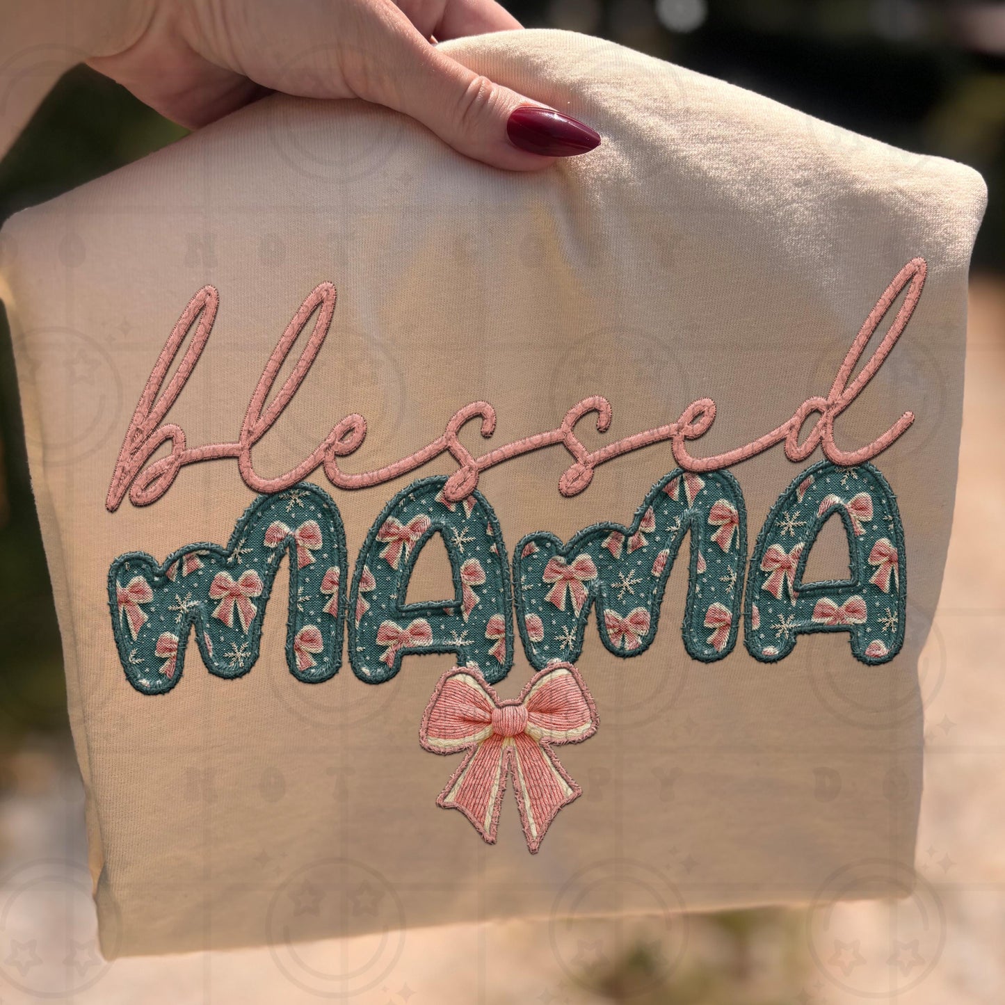 Blessed mama distressed faux embroidery PNG with matching sleeve Christmas bows digital download