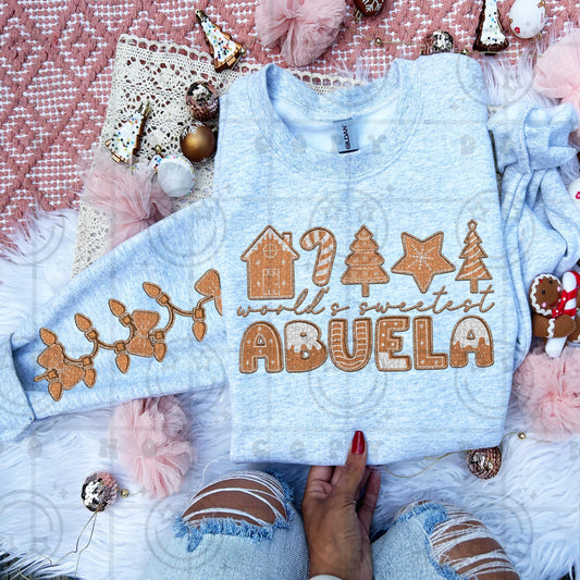 Abuela | Gingerbread cookie themed Worlds sweetest Abuela faux embroidery PNG with matching sleeve Christmas bows digital download