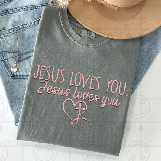 Jesus Loves You Heart Cross Faux Embroidery Rose Pink PNG digital download