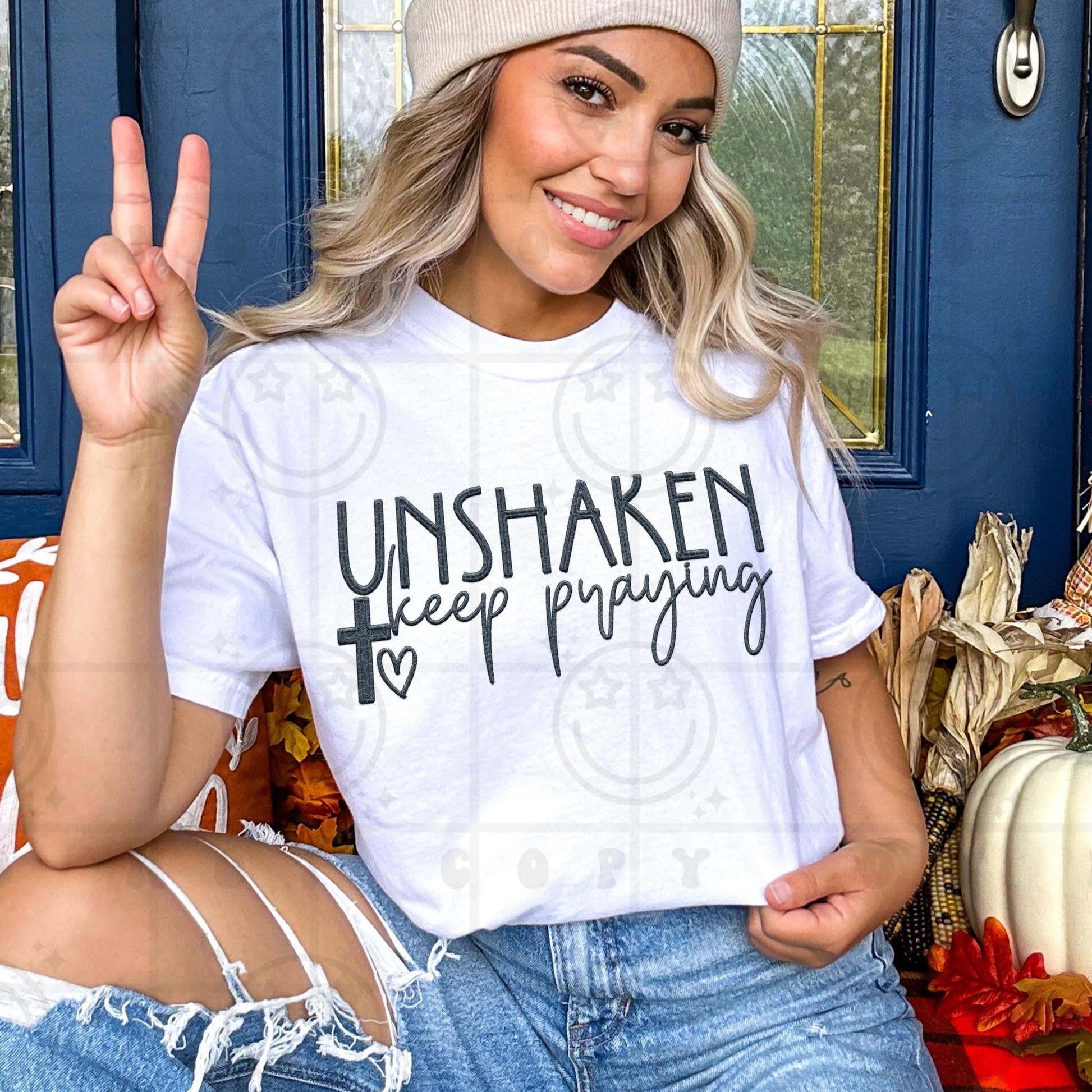 Unshaken Keep Praying Cross with heart Dark Navy Faux Embroidery PNG digital download