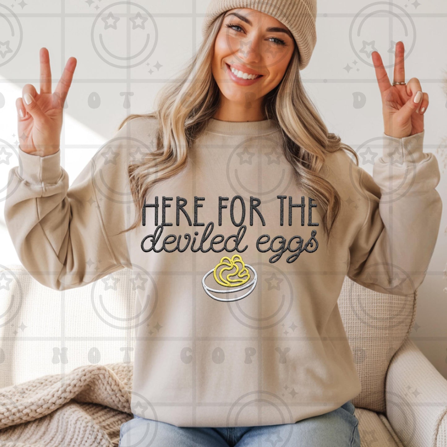 Here for the deviled eggs faux embroidery PNG thanksgiving christmas holiday party shirt design, PNG digital download