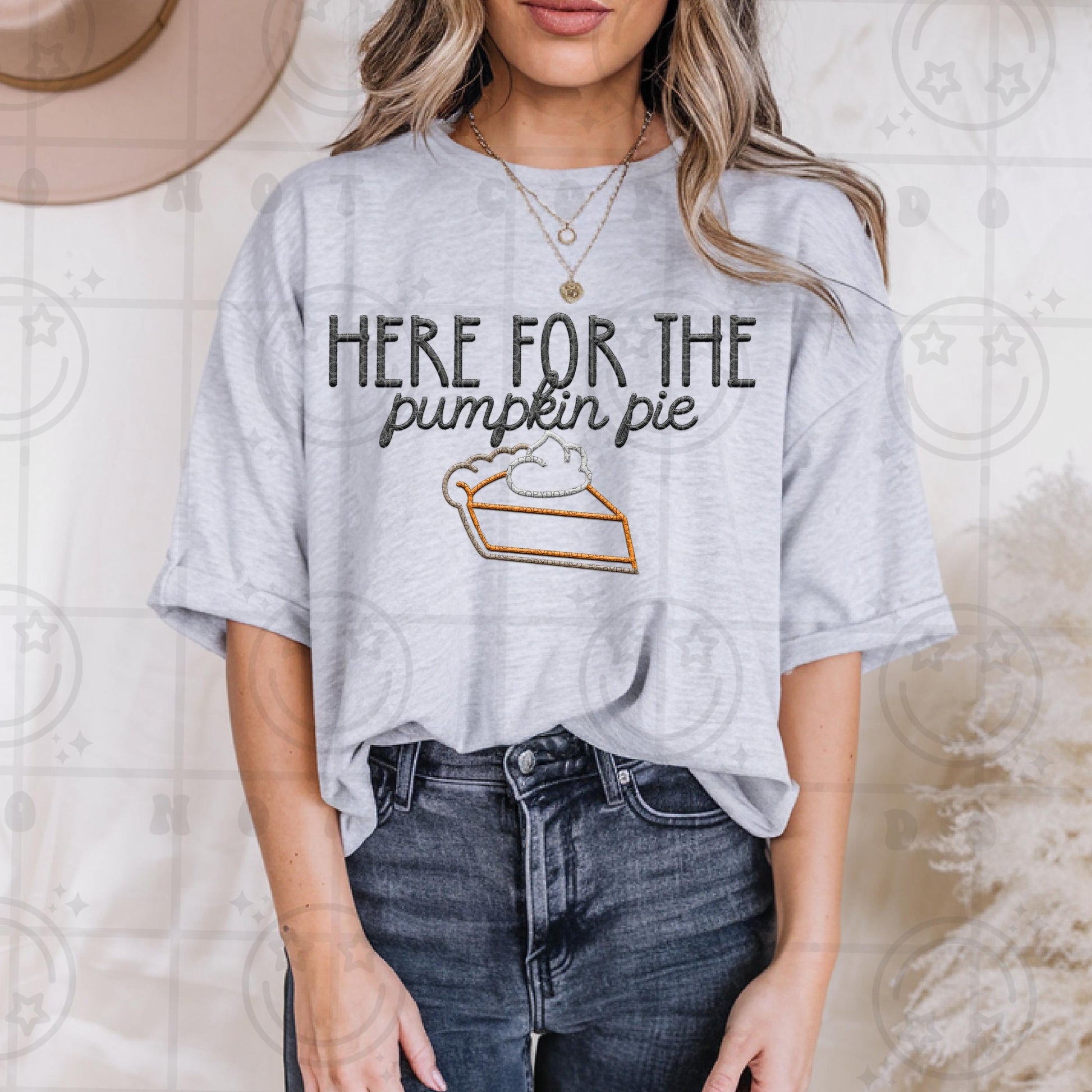 Here for the pumpkin pie faux embroidery PNG thanksgiving christmas holiday party shirt design, PNG digital download
