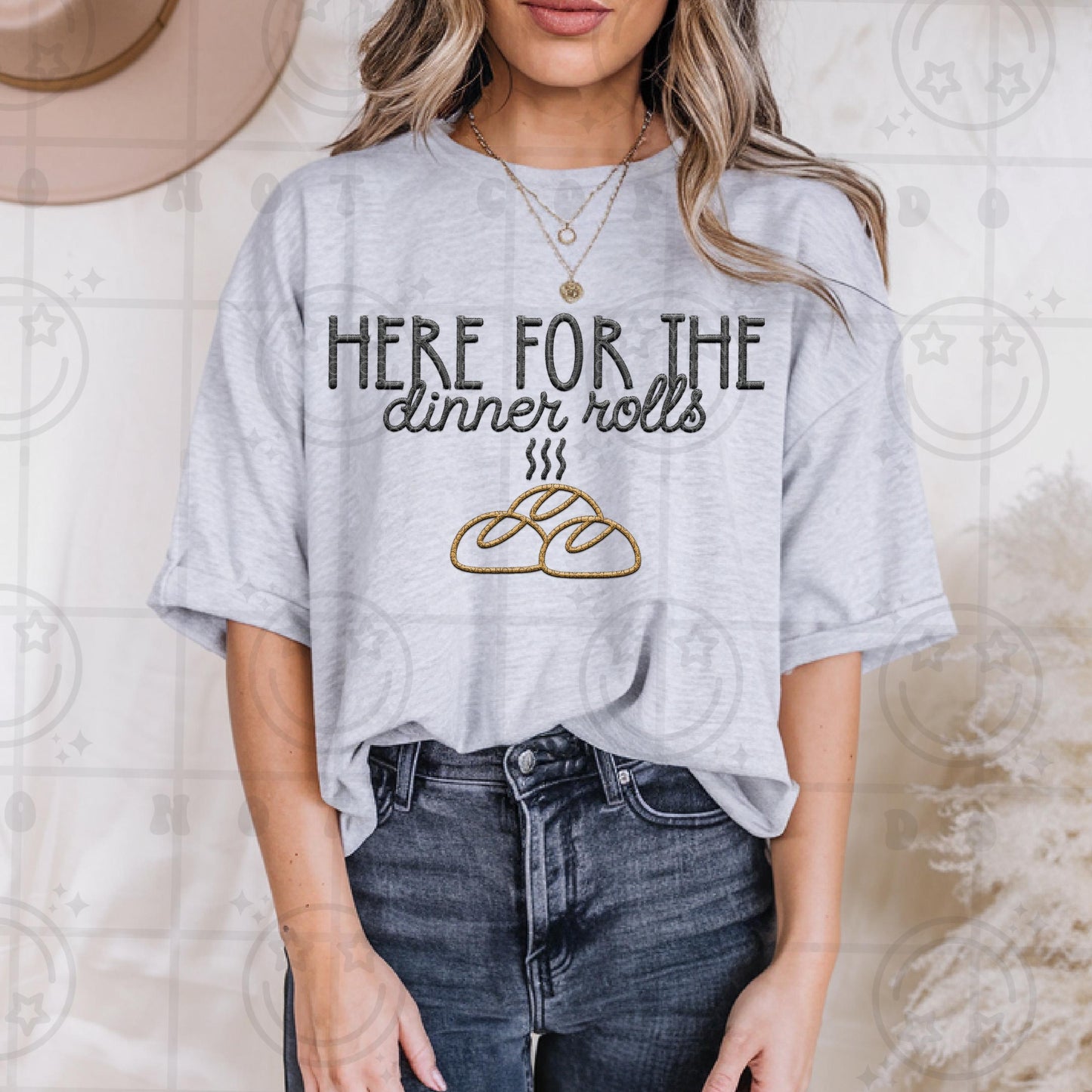 Here for the dinner rolls faux embroidery PNG thanksgiving christmas holiday party shirt design, PNG digital download