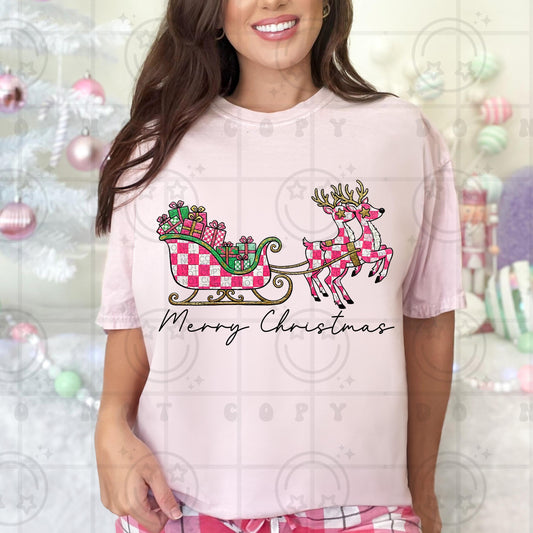 Merry Christmas Pink Checkered Print Sleigh and Reindeer PNG