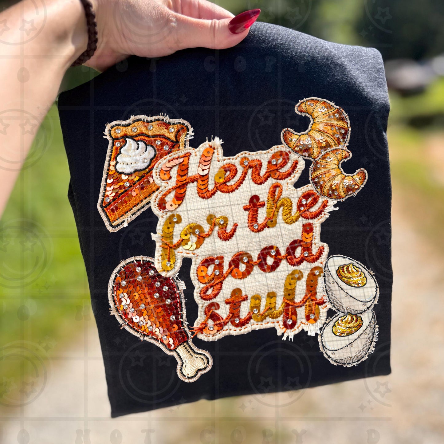 Here for the good stuff holiday dinner thanksgiving Christmas png deviled eggs, turkey leg, pumpkin pie, dinner rolls PNG digital download
