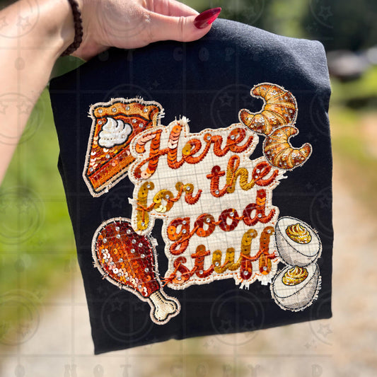 Here for the good stuff holiday dinner thanksgiving Christmas png deviled eggs, turkey leg, pumpkin pie, dinner rolls PNG digital download