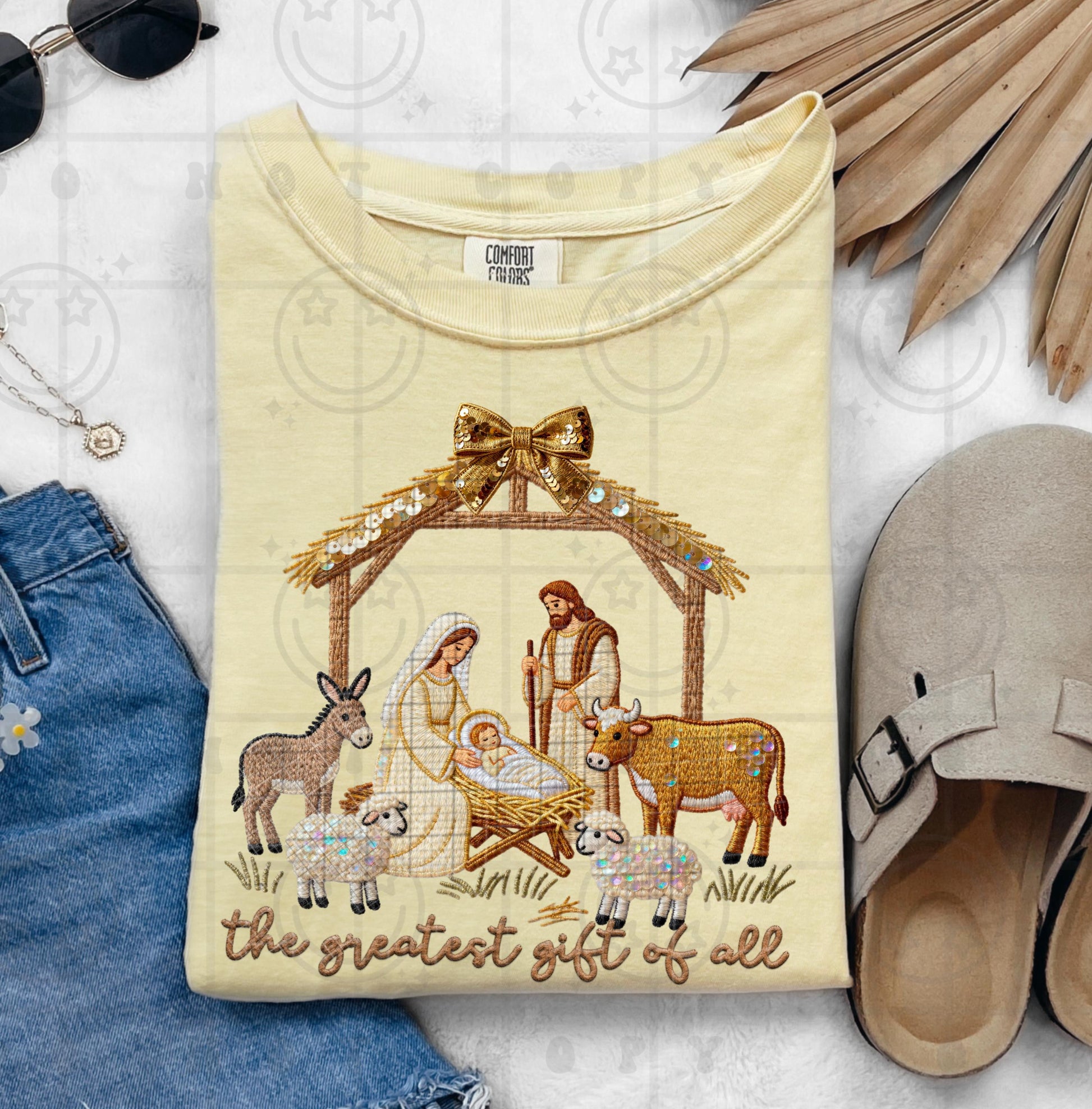 The Greatest Gift of All Nativity Faux Embroidery Faux Sequin Faith Christmas PNG digital download